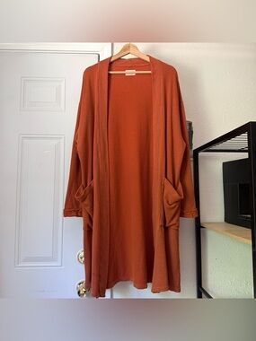 BACK BEAT CO. rust orange hemp organic cotton open front duster cardigan sweater